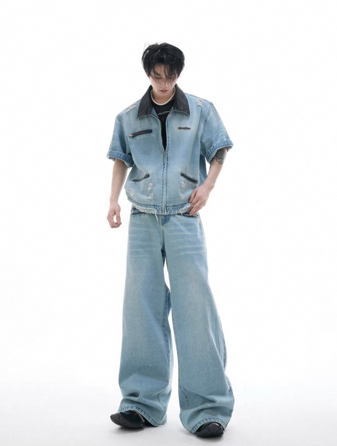 【ARGUECULTURE】Leather Patch Double Waist Jeans