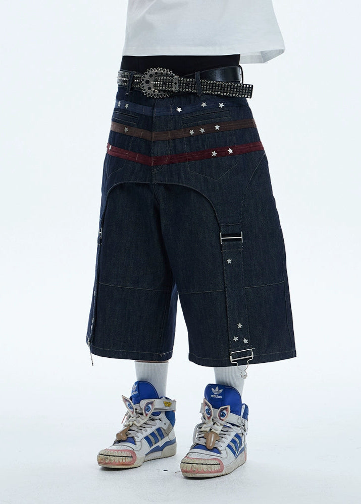【DND4DES】Star Studded Suede Stitch Loose Denim Shorts