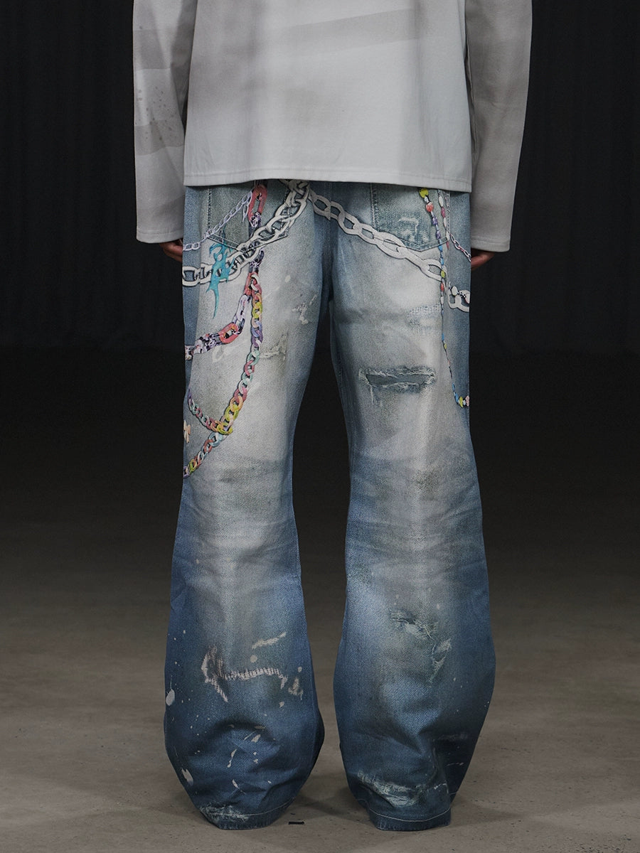 【DND4DES】Y2K Chain Print Wide Jeans