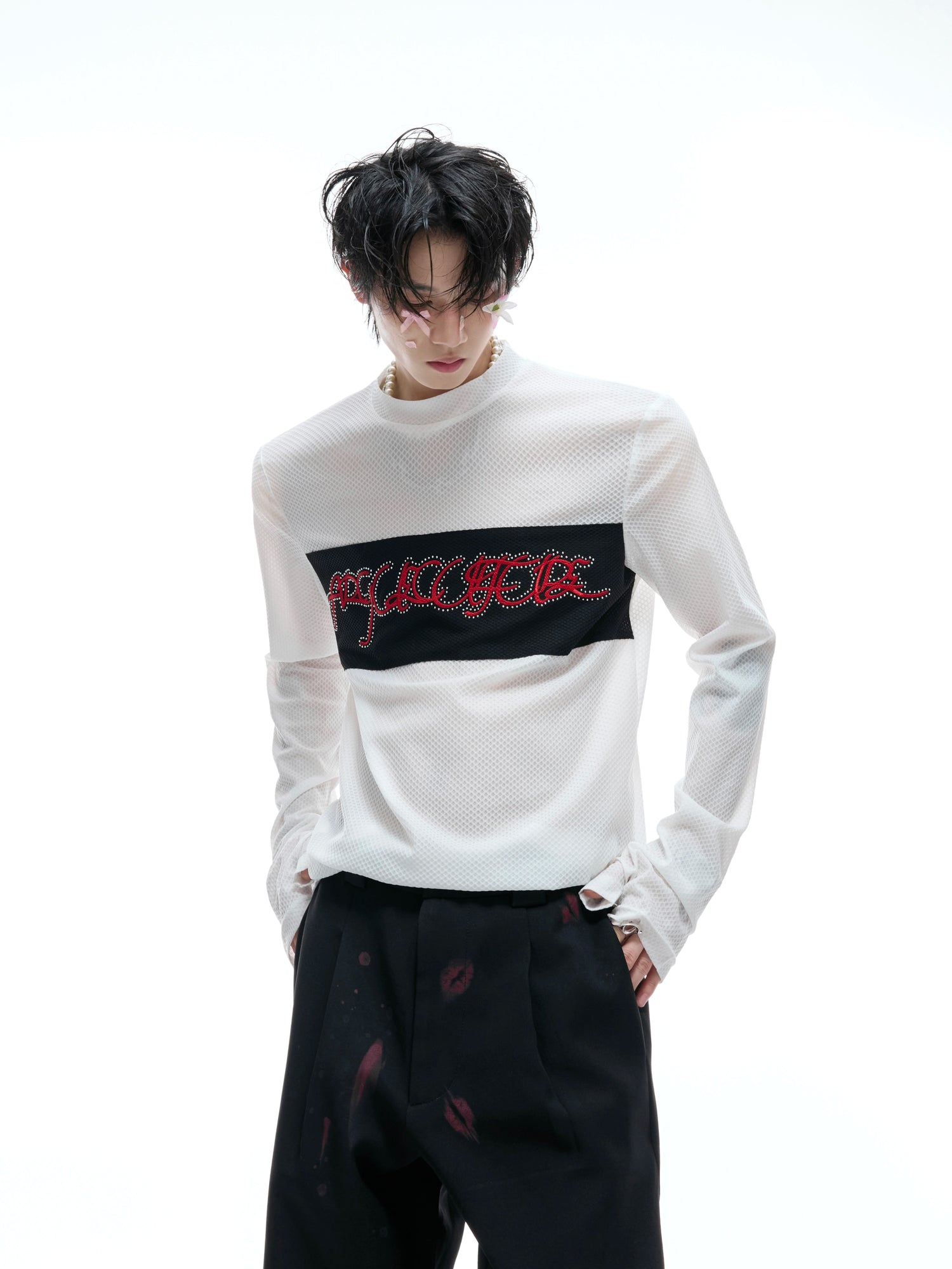 【ARGUECULTURE】Elastic Mesh Embroidery Top