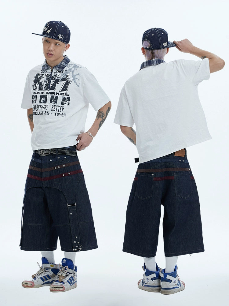 【DND4DES】Star Studded Suede Stitch Loose Denim Shorts