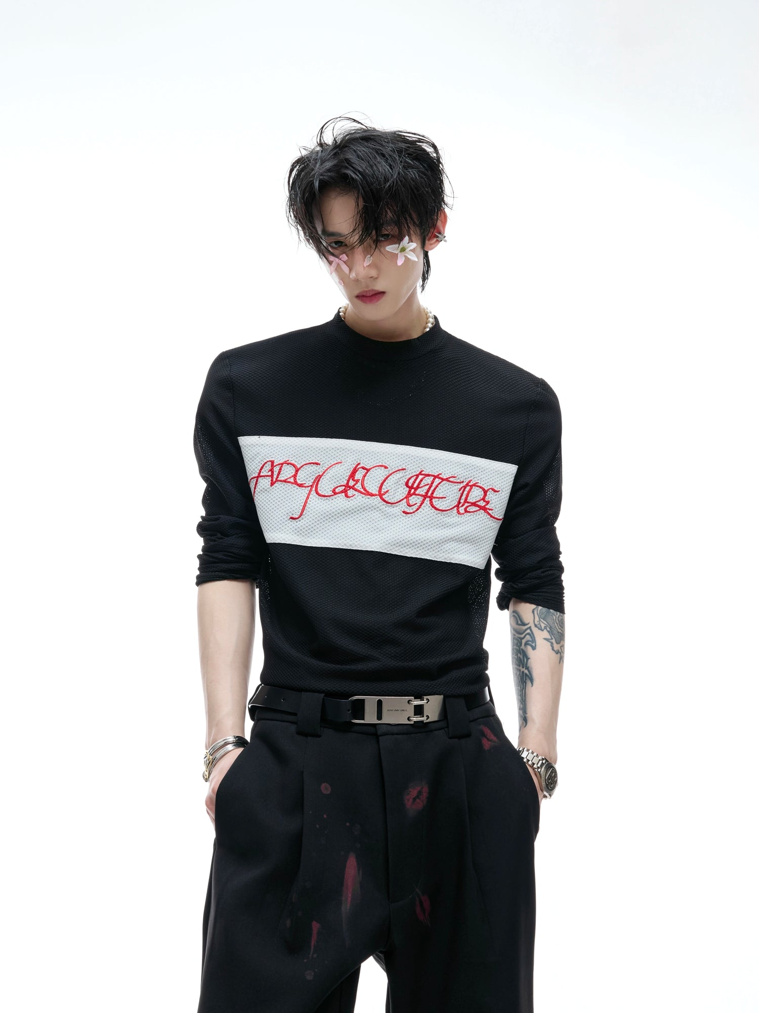 【ARGUECULTURE】Elastic Mesh Embroidery Top