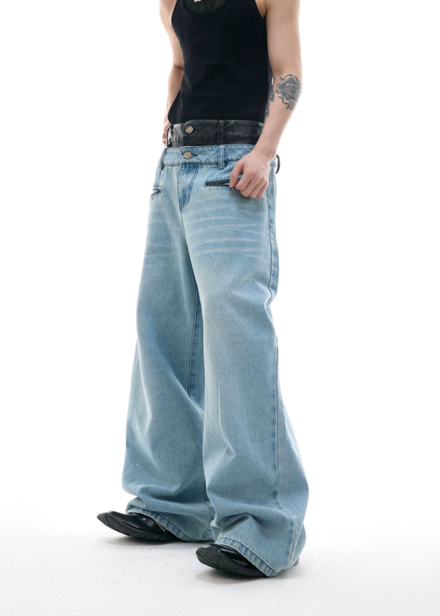 【ARGUECULTURE】Leather Patch Double Waist Jeans