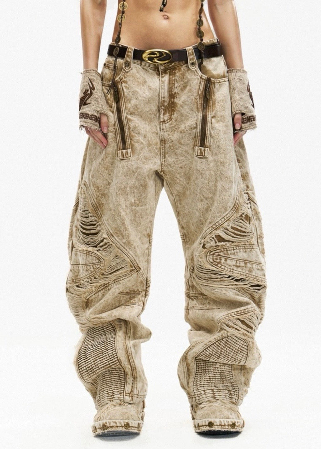 【PERSONSOUL】Wasteland Cut Denim – Apricot Destruct