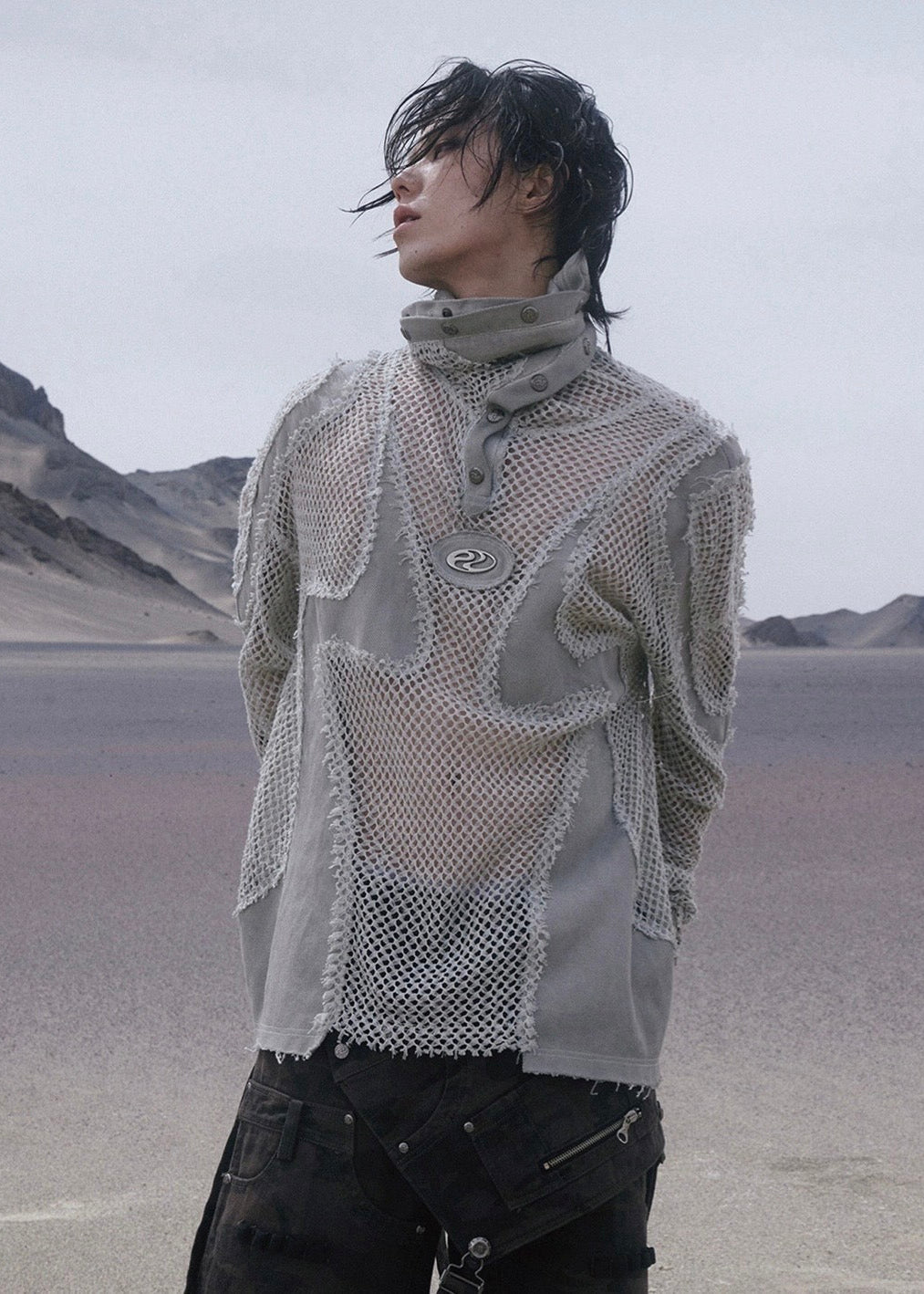【PERSONSOUL】Split-Dye Deconstruct Mesh Hoodie