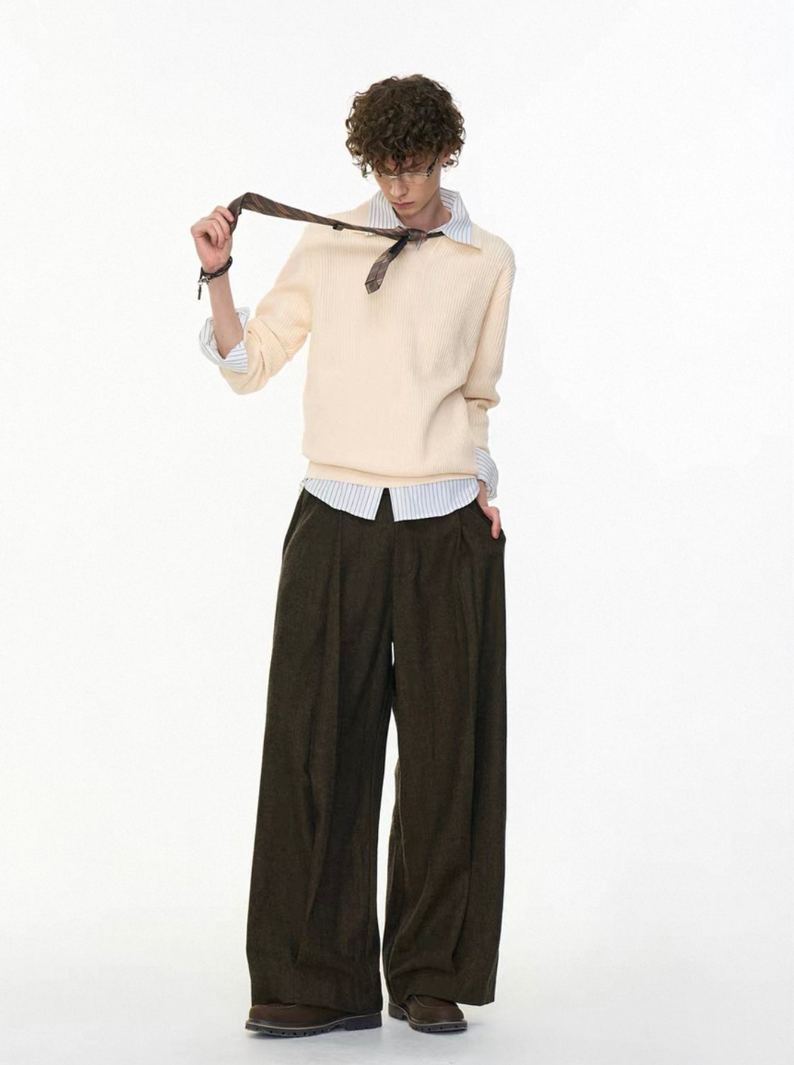 【MRNEARY】Retro Pleated Patchwork Pants