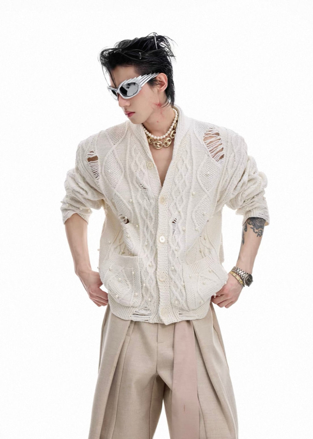 【ARGUECULTURE】Hollow Check Pearl Knit Cardigan