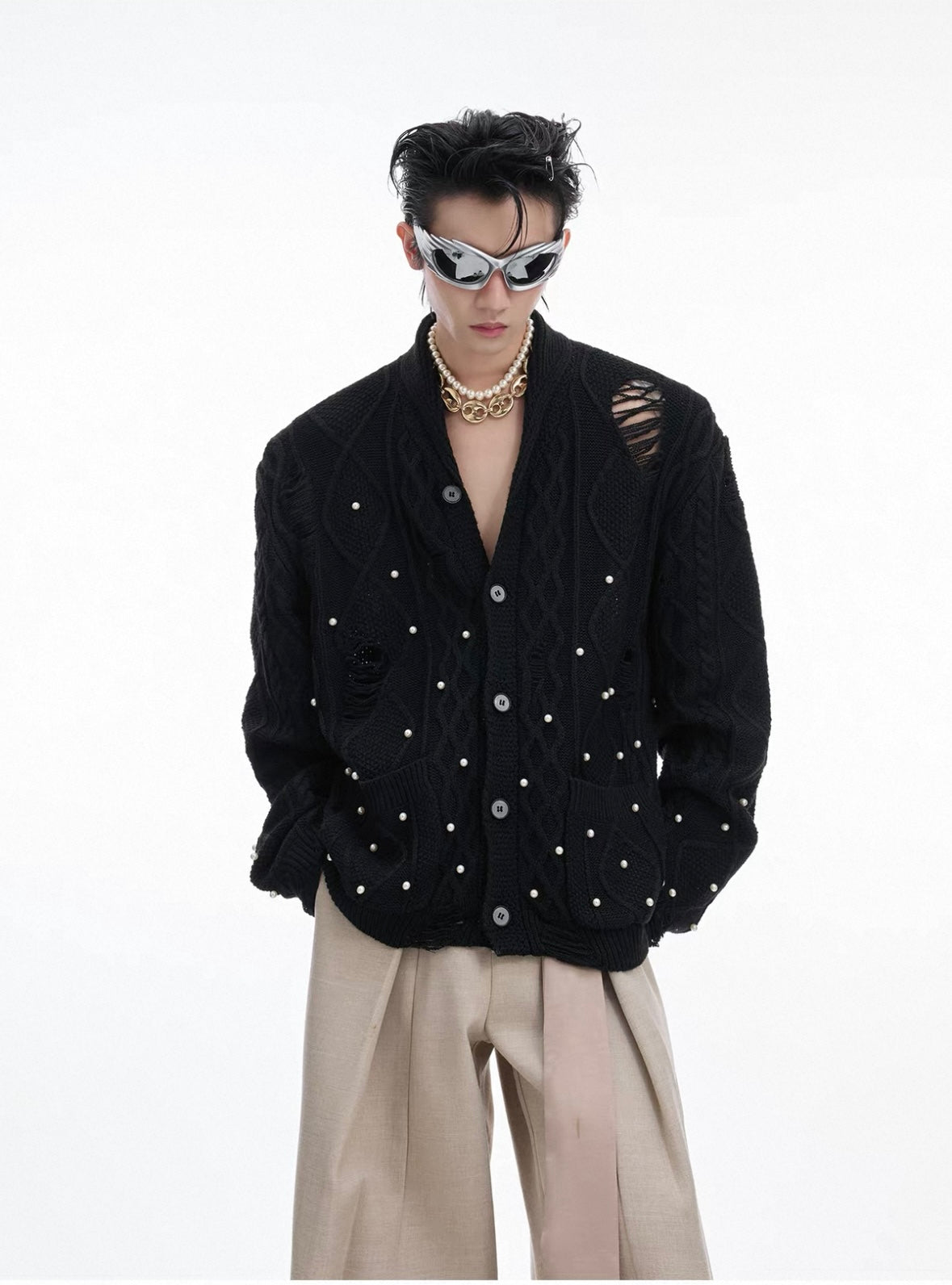 【ARGUECULTURE】Hollow Check Pearl Knit Cardigan