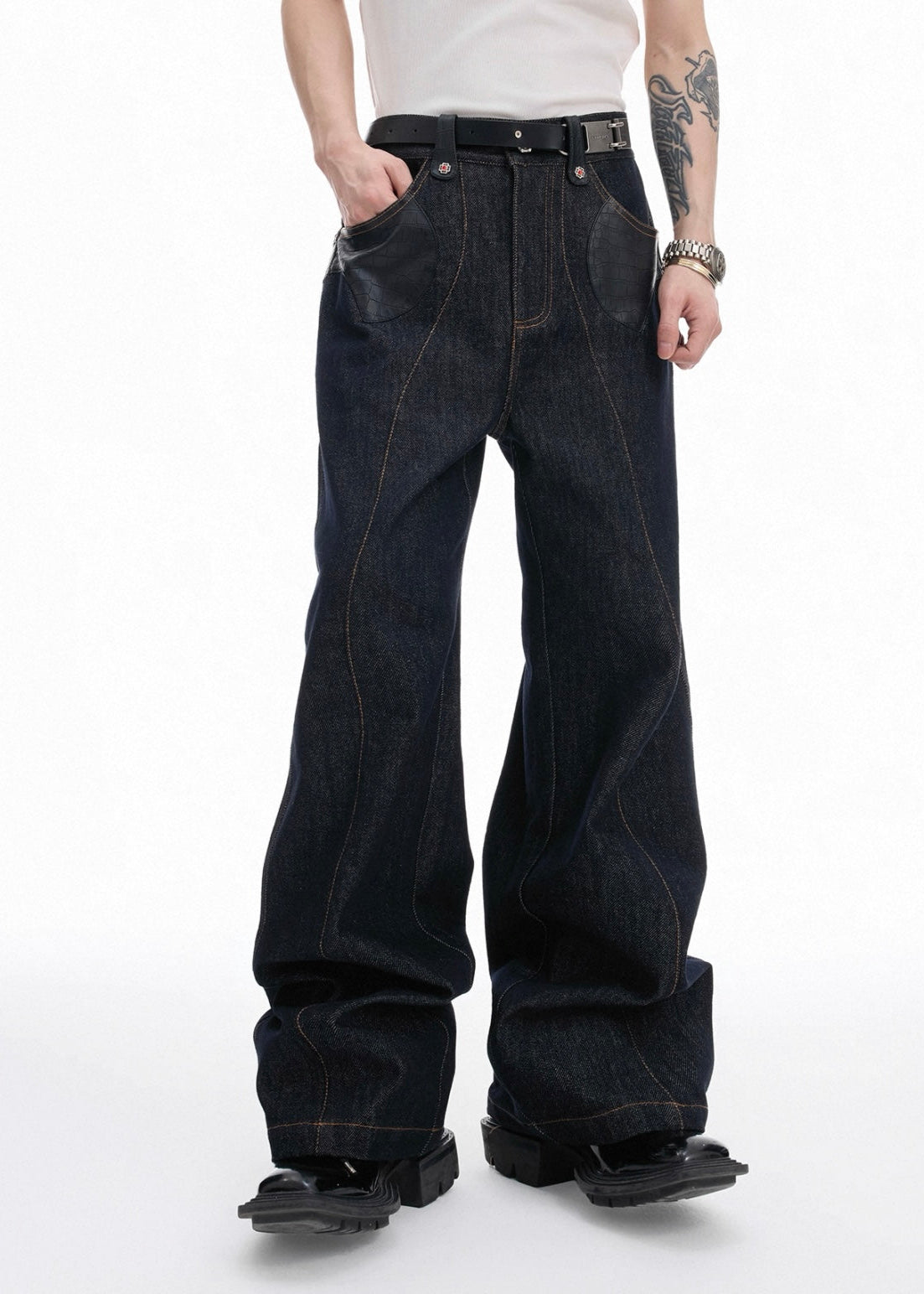 【ARGUECULTURE】Inkmark Crocodile Patchwork Denim Pants