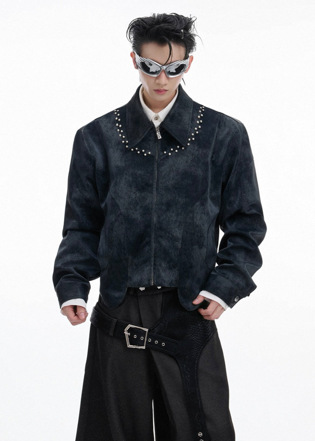 【ARGUECULTURE】Pearl Accent Textured Leather Jacket