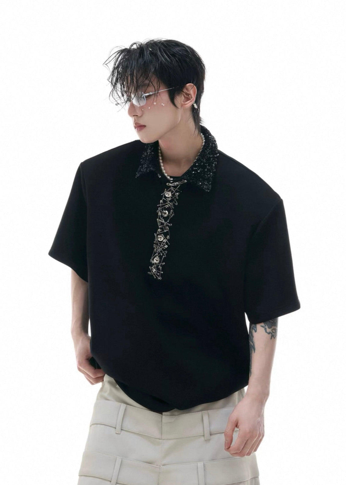 【ARGUECULTURE】Loose Fit Sequin Polo Tee