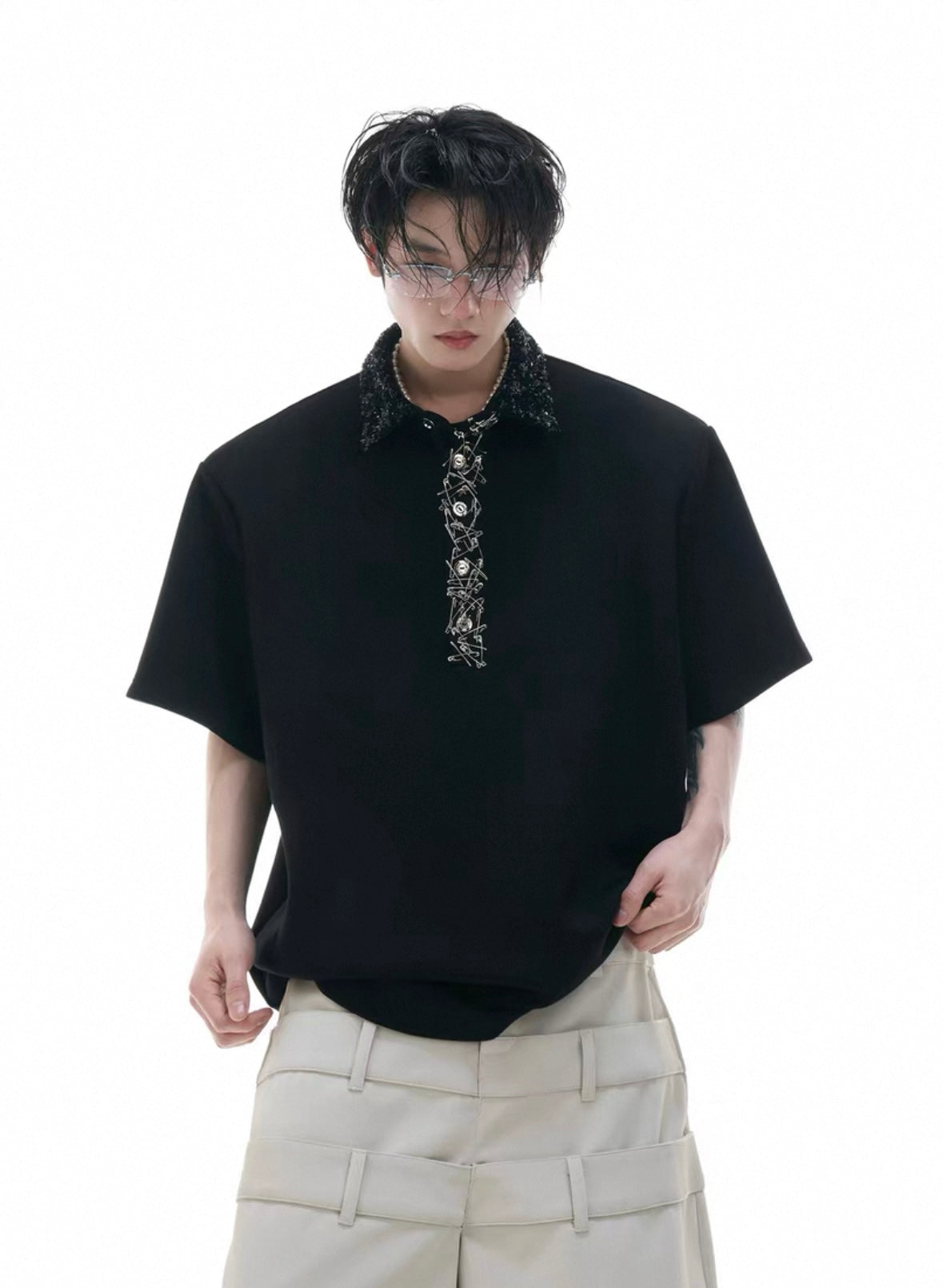 【ARGUECULTURE】Loose Fit Sequin Polo Tee