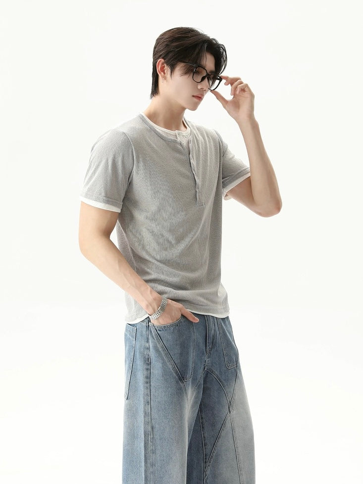 【TURNTIDE】Henley Faux Two-Piece Knit Tee