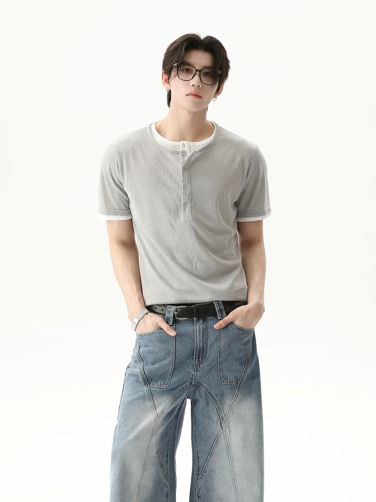 【TURNTIDE】Henley Faux Two-Piece Knit Tee