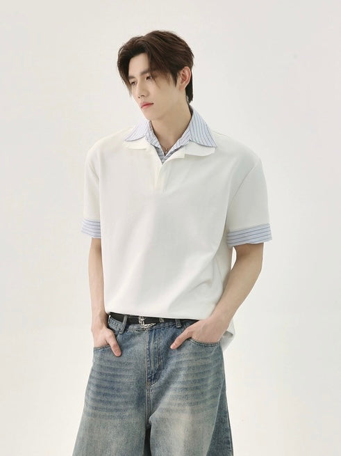 【TURNTIDE】Striped Patchwork Polo Shirt