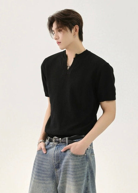 【TURNTIDE】Solid V-Neck Short-Sleeve Knit