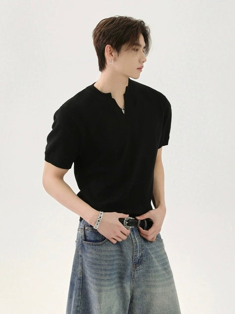 【TURNTIDE】Solid V-Neck Short-Sleeve Knit
