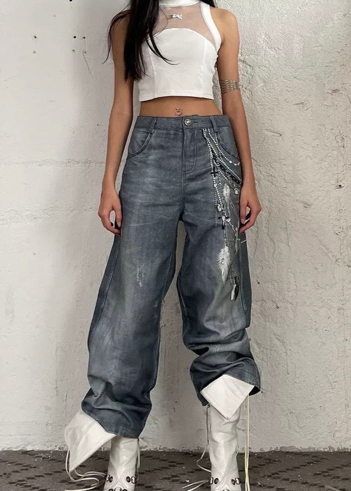 【DND4DES】3D Pearl Chain Print Jeans