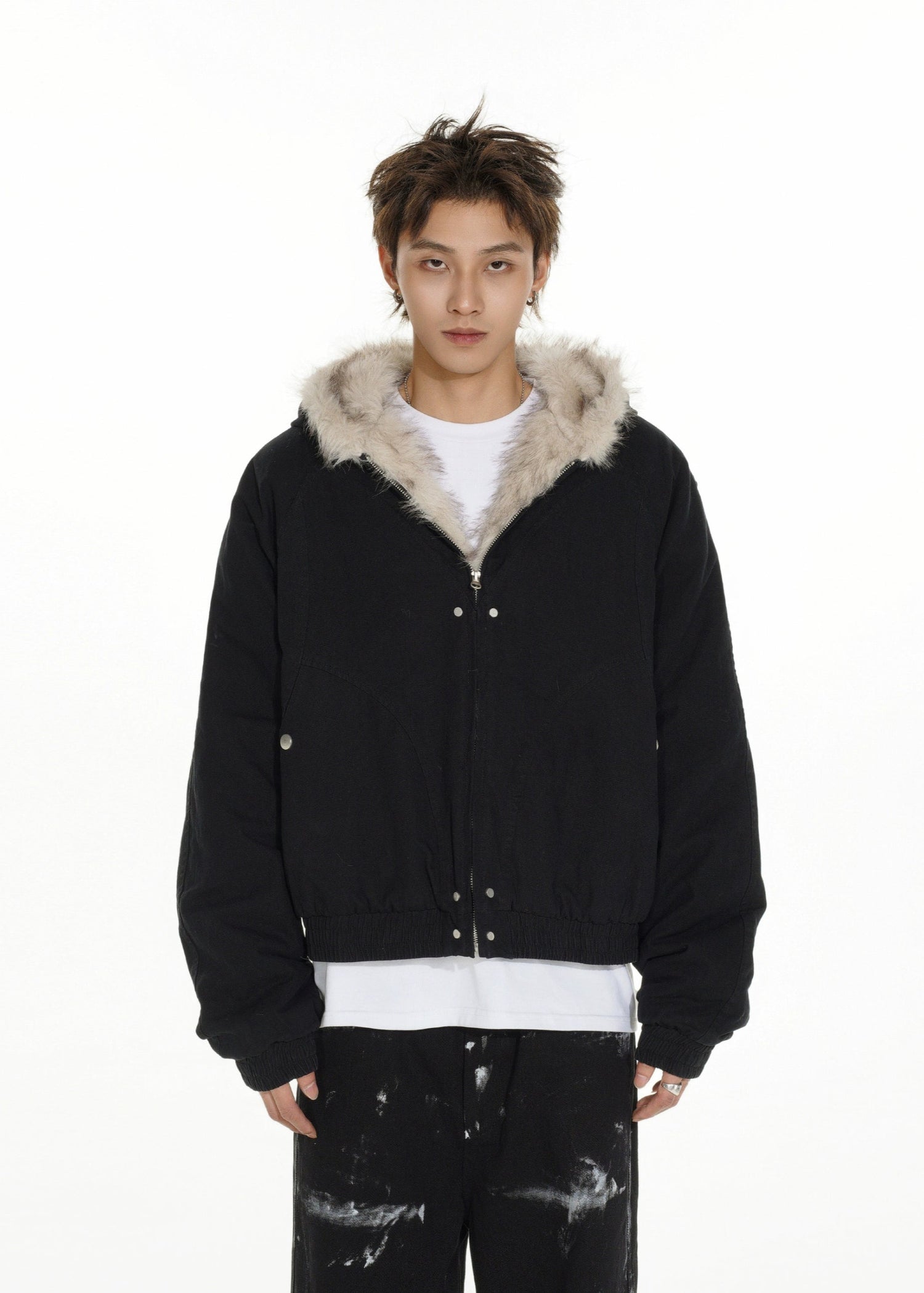 【MRNEARY】Faux Fur Collar Carving Jacket