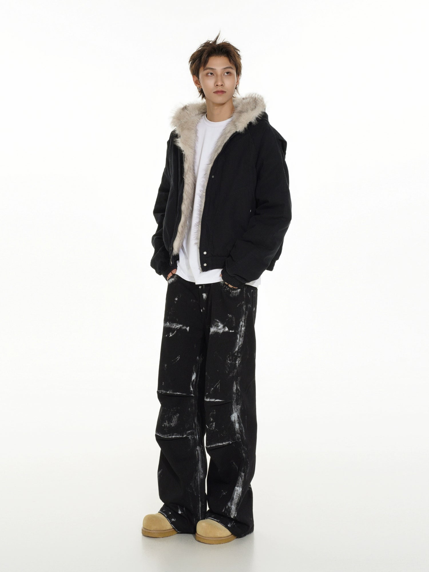 【MRNEARY】Faux Fur Collar Carving Jacket