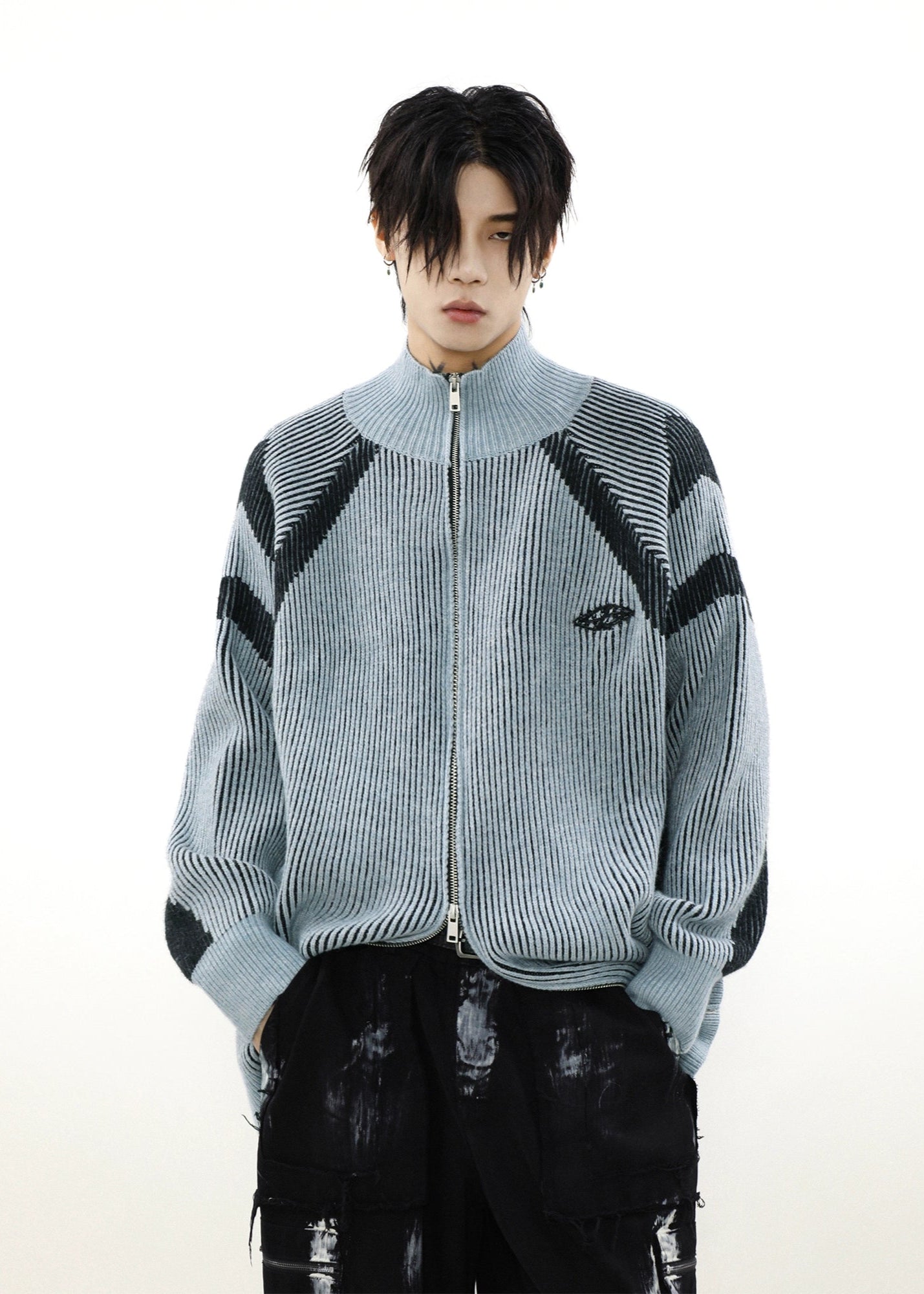 【MRNEARY】Contrast Stripe Retro Knit Cardigan