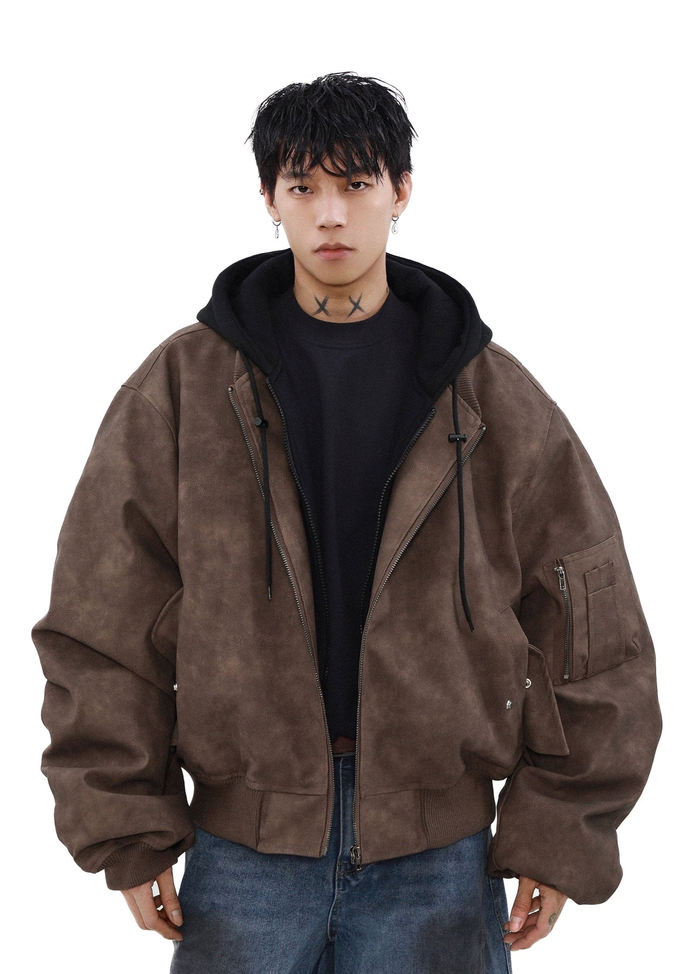 【MRNEARY】Layered-Look Cotton Hoodie Jacket