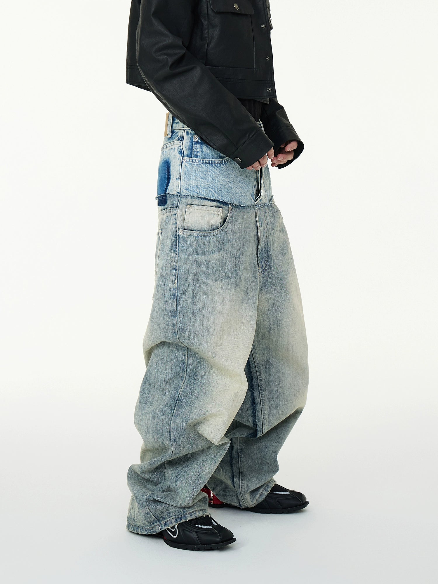 【ASTT】Dual-Waist Frayed Hem Baggy Jeans