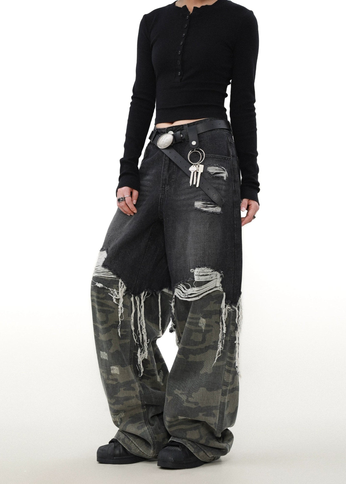 【MRNEARY】Camo Stitch Tassel Denim