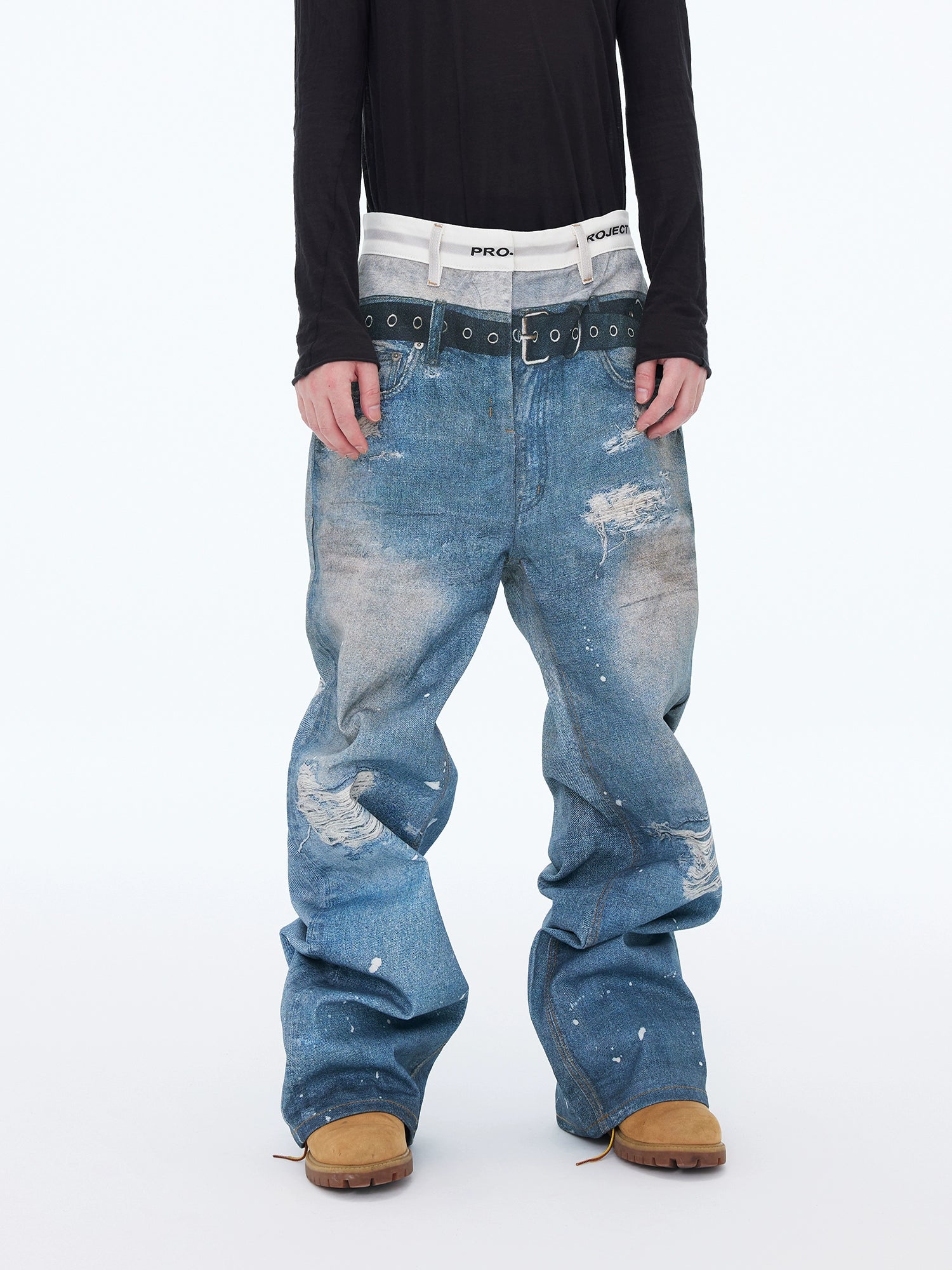 【ASTT】3D Printed Double-Waist Baggy Jeans