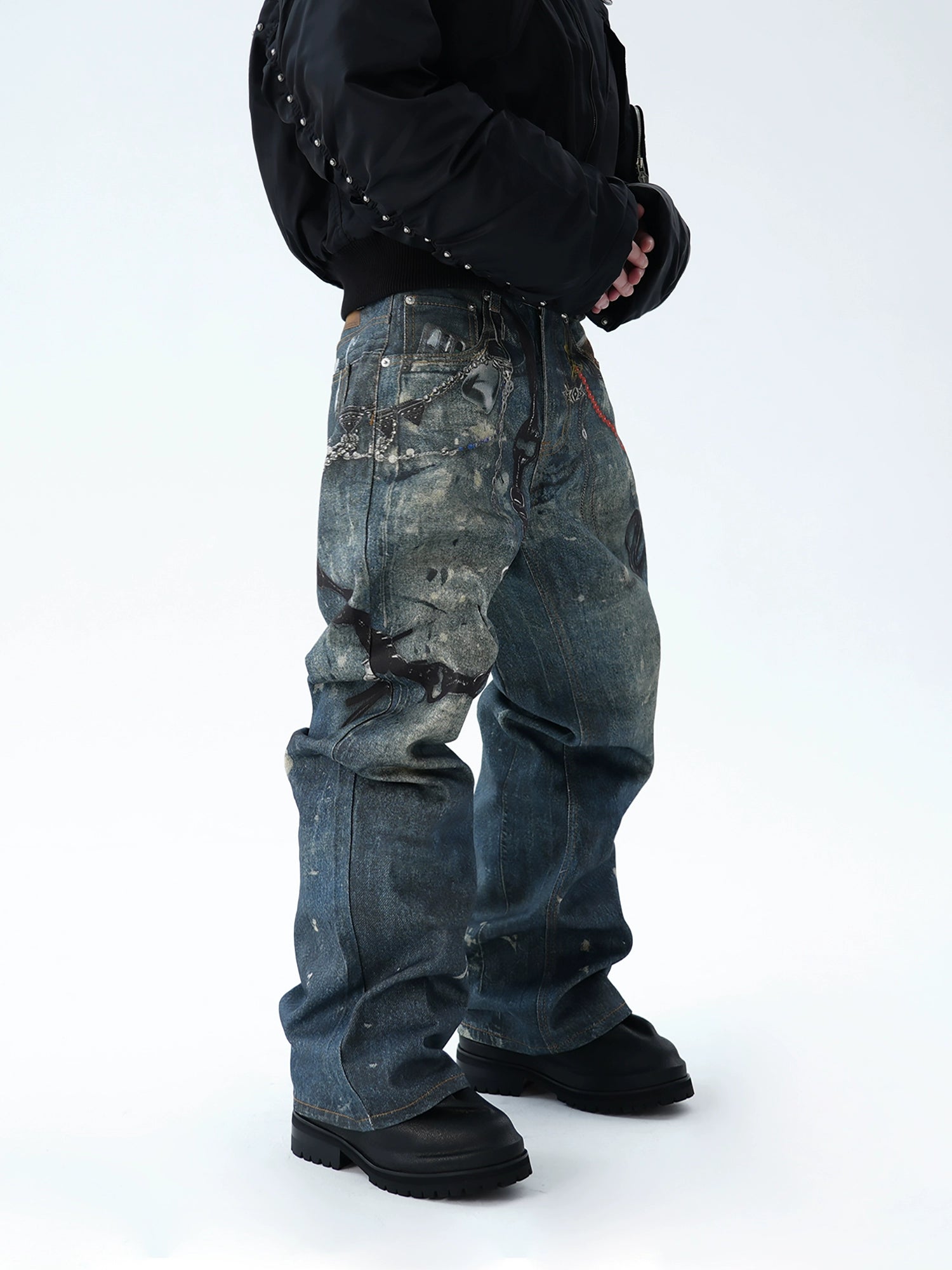 【ASTT】3D Chain & Scissor Print Wide-Leg Jeans