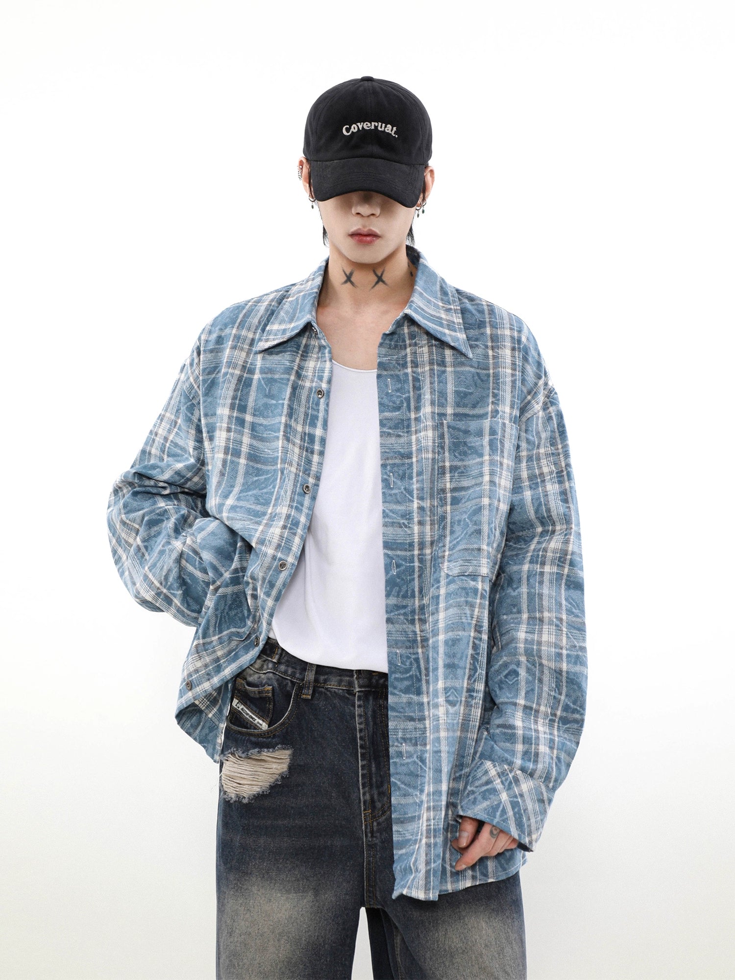 【MRNEARY】Gradient Plaid Shirt Jacket