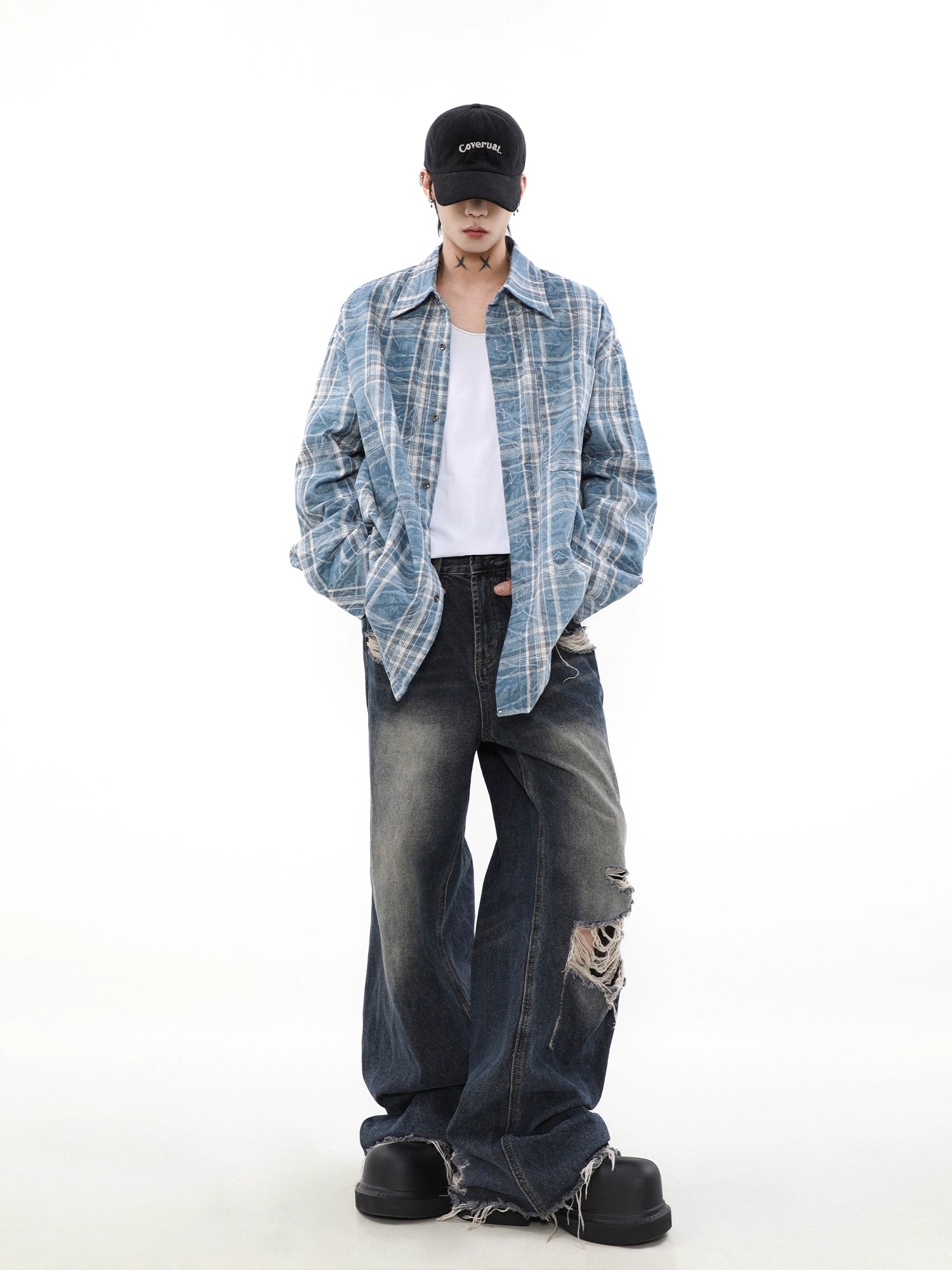 【MRNEARY】Gradient Plaid Shirt Jacket