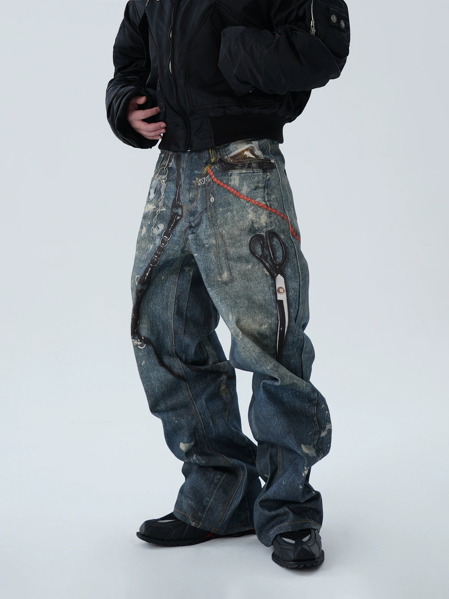 【ASTT】3D Chain & Scissor Print Wide-Leg Jeans