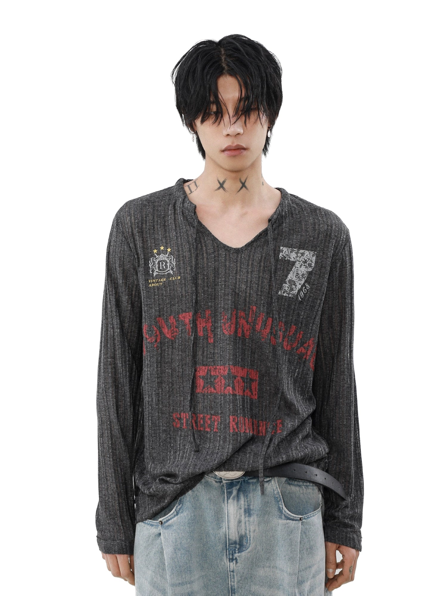 【MRNEARY】Retro Sports V-Neck Drawstring Top