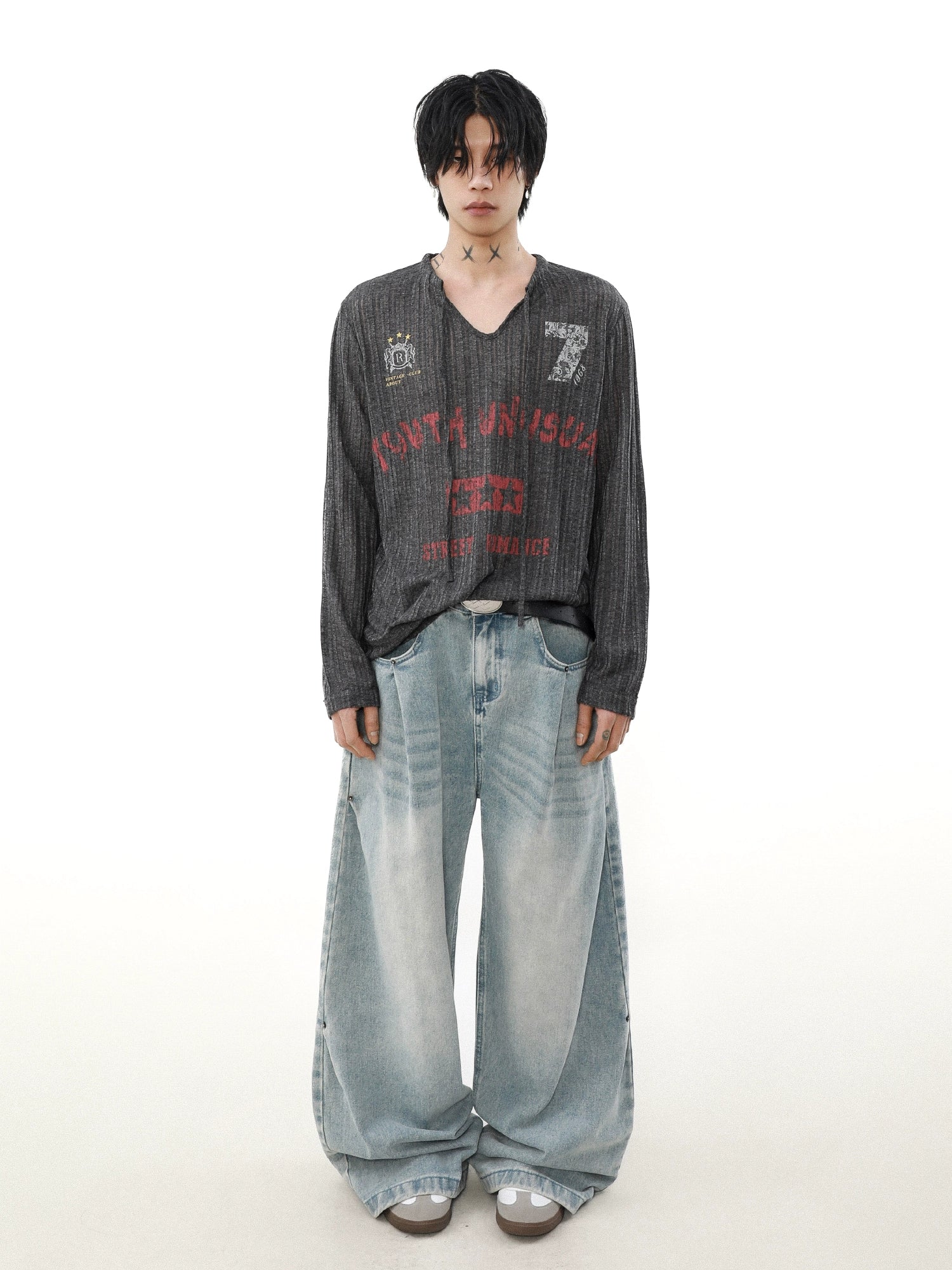 【MRNEARY】Retro Sports V-Neck Drawstring Top
