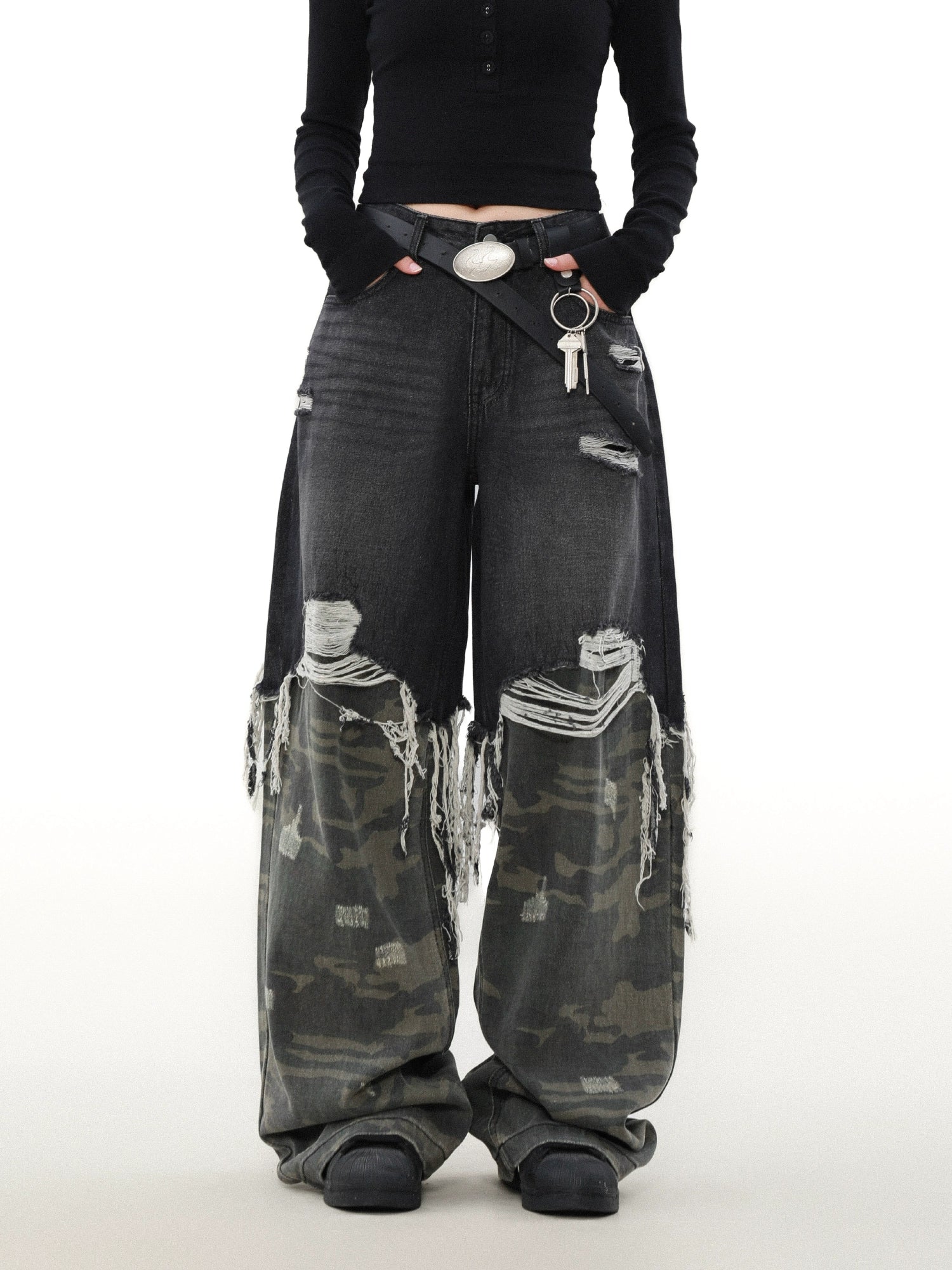 【MRNEARY】Camo Stitch Tassel Denim