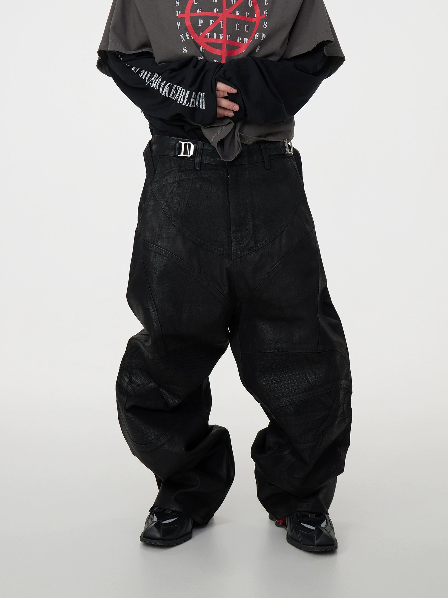【ASTT】Dark Waxed Biker Armor Wide-Leg Jeans