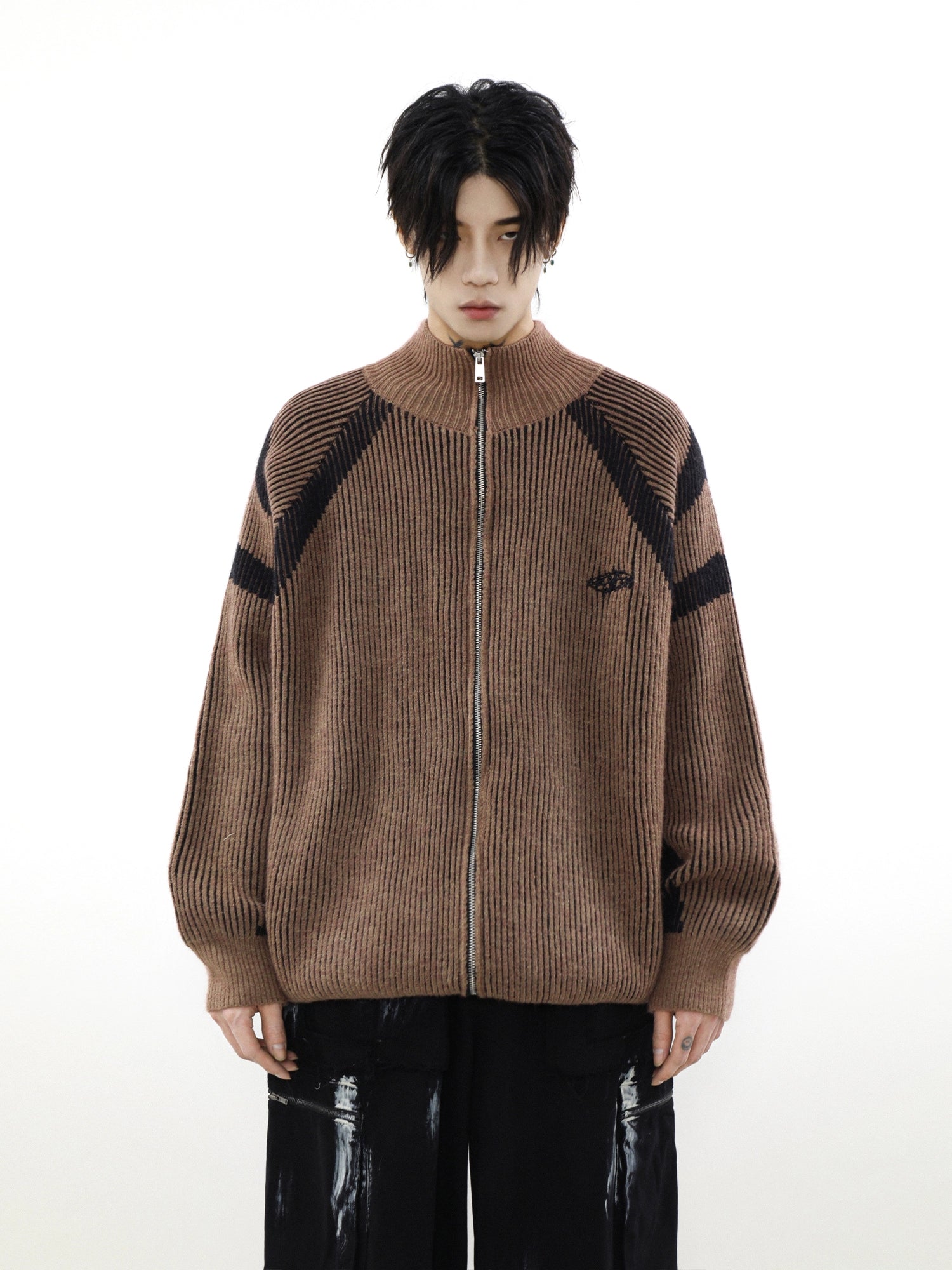 【MRNEARY】Contrast Stripe Retro Knit Cardigan