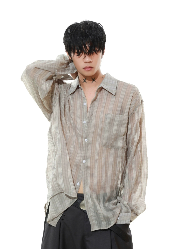【MRNEARY】Crinkle Stripe Sheer Shirt
