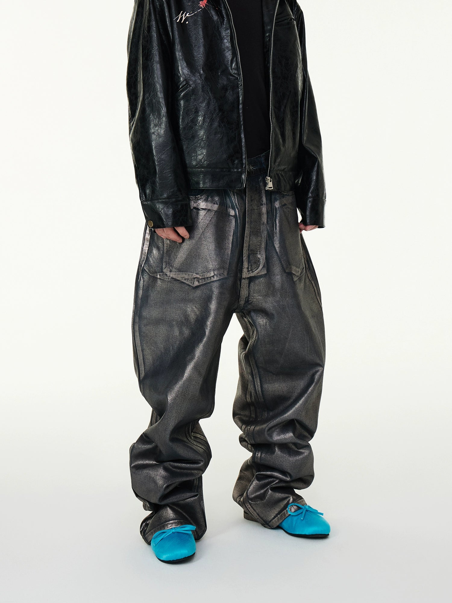 【ASTT】Reflective Coated Washed Denim Pants