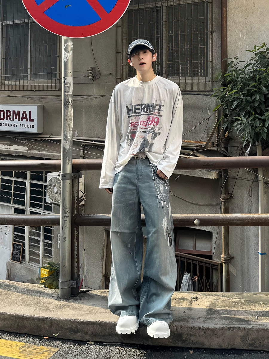 【DND4DES】3D Pearl Chain Print Jeans
